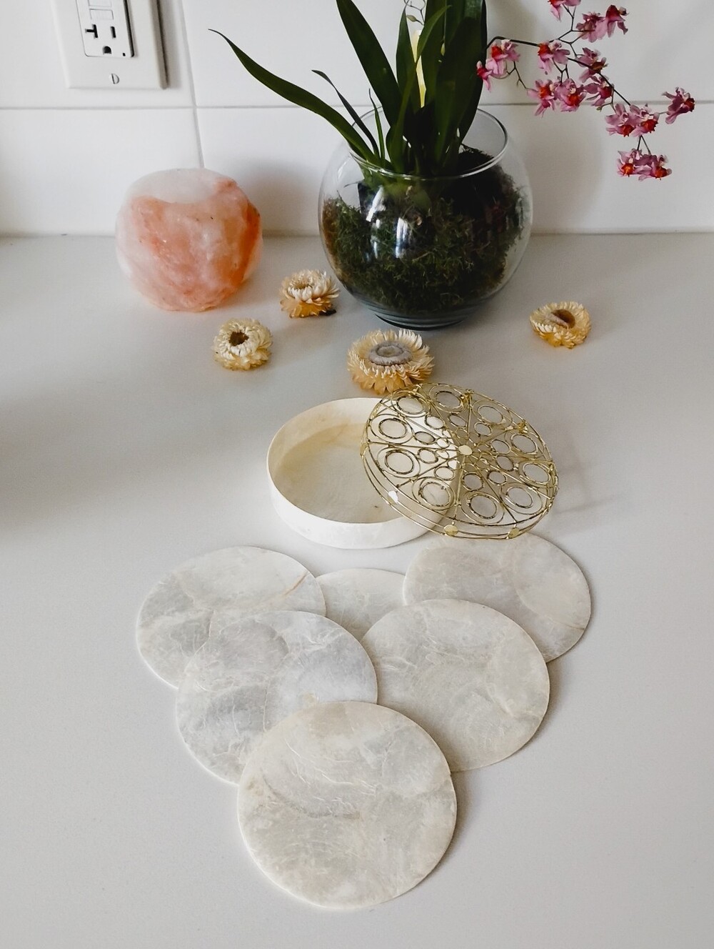 Capiz Shell Coaster Set with Gold Wire Lid